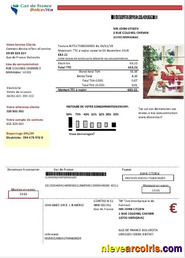 France Gaz de France Dolcevita utility bill